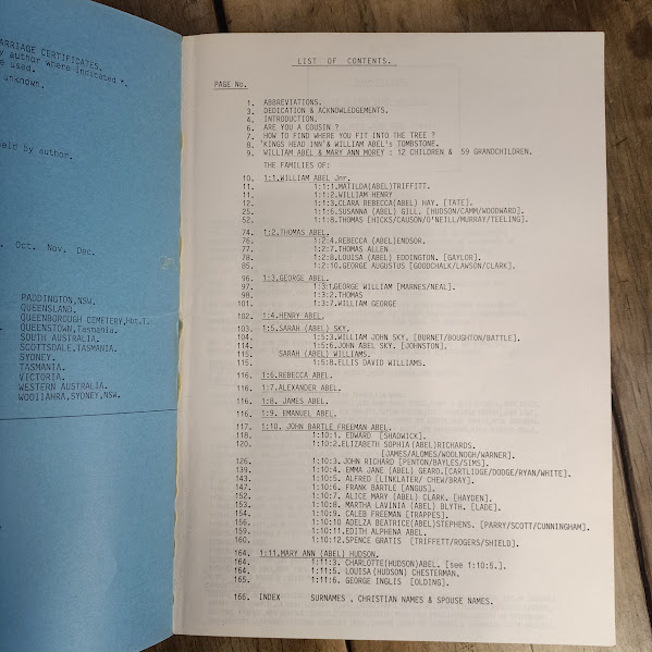 Contents page from The Abel Family Part 1 by Peter C Sims