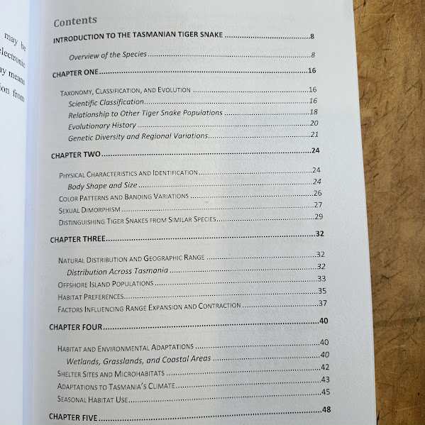 Contents page 1 of 2 from The Tasmanian Tiger Snake Handbook