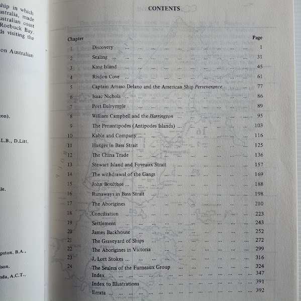 Contents page from The Furneaux Group Bass Strait vol 1