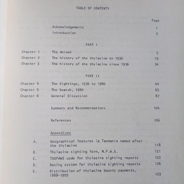 Contents Tasmanian Tiger 1980 Report