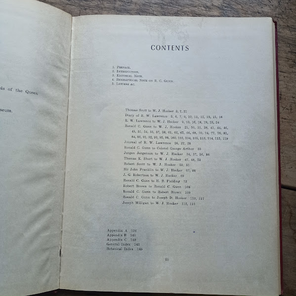 Contents page from Van Diemen's Land Correspondents