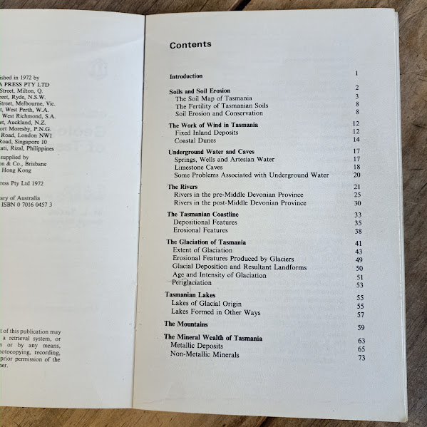 Contents page 1 of 2 of Geology and Lanscape of Tasmania book