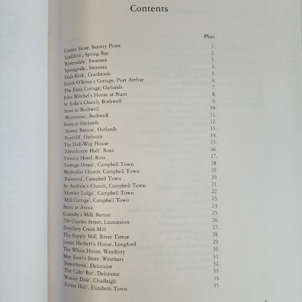 Contents page 1 of 2 Pioneer Tapestry Buildings of Early Tasmania book