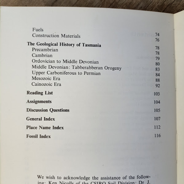 Contents page 2 of 2 of Geology and Lanscape of Tasmania book
