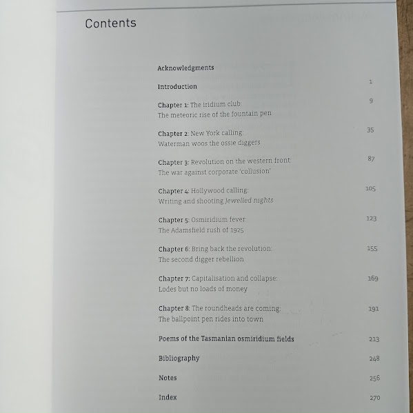 Contents page from On the Ossie book osmiridium mining history book