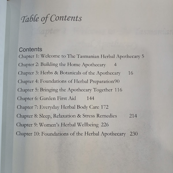 Contents page of Tasmanian Herbal Apothecary