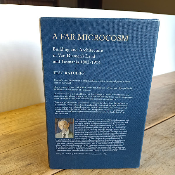Rear of slipcase for Far Microcosm set of Tasmanian architectural history