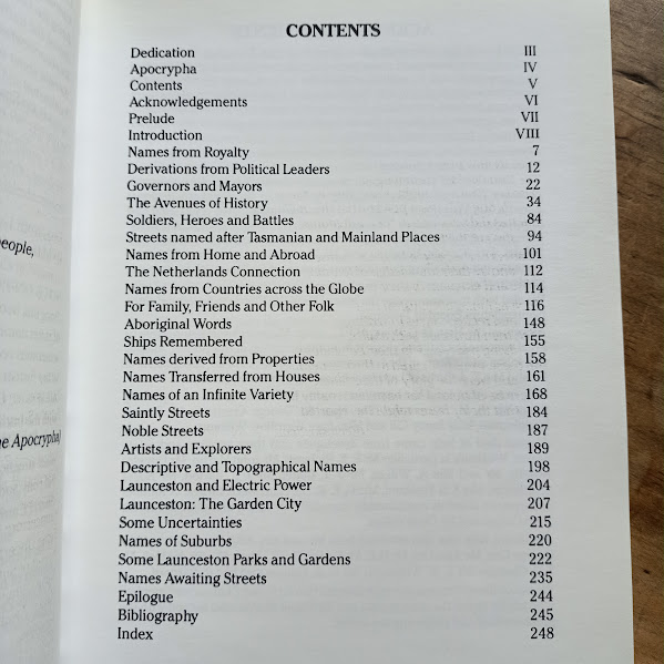 Contents page of History in our Streets, Launceston