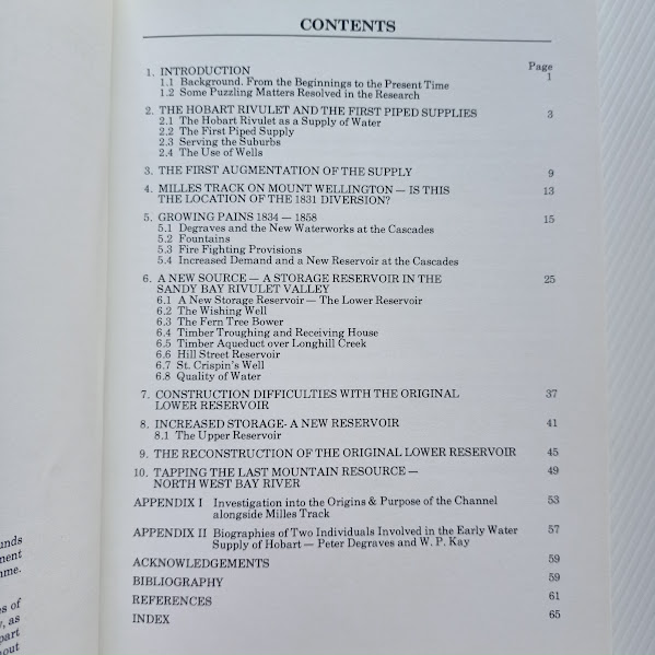 Contents page from The early supply of water in Hobart book