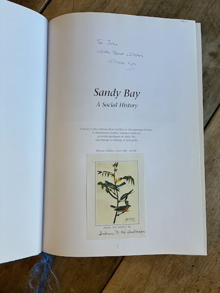 Signature and bookplate page from Sandy Bay a social history by Nicola Goc