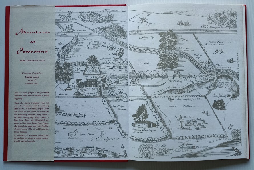 Front flap and illustrated endpapers from Adventures at Powranna