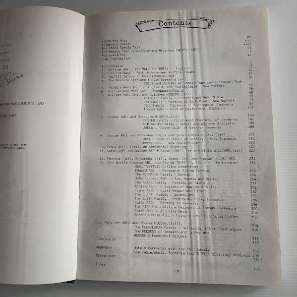 Creased pages of The Norfolk Settlers - contents page