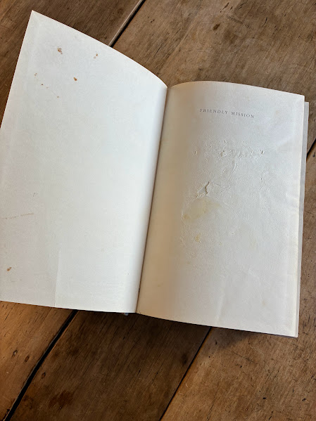 Damaged first page from bookplate removal of Friendly Mission 1966 edition