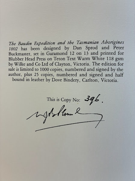 Signature page of Baudin Expedition and the Tasmanian Aborigines 1802
