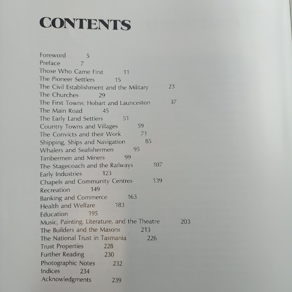 Contents page from National Trust of Tasmania book