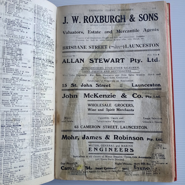 Sticky tape repaired page Tasmania Post Office Directory 1925