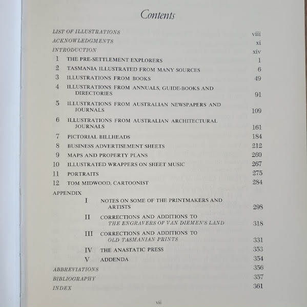 Contents page of More Old Tasmanian Prints book by Clifford Craig