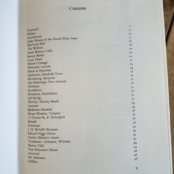 Contents page 1 of 2 from Early Houses of North West Coast of Tasmania
