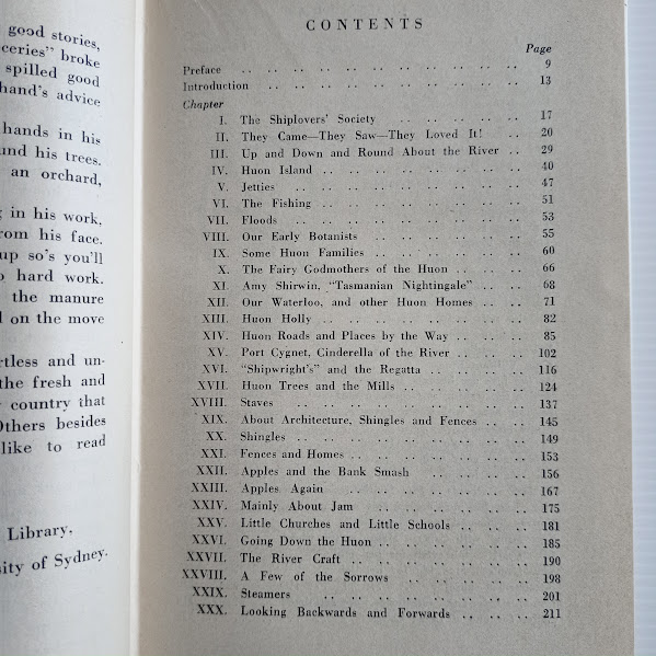 Contents page from Romance of the Huon River c1945