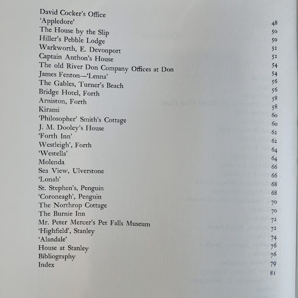 Contents page 2 of 2 from Early Houses of North West Coast of Tasmania