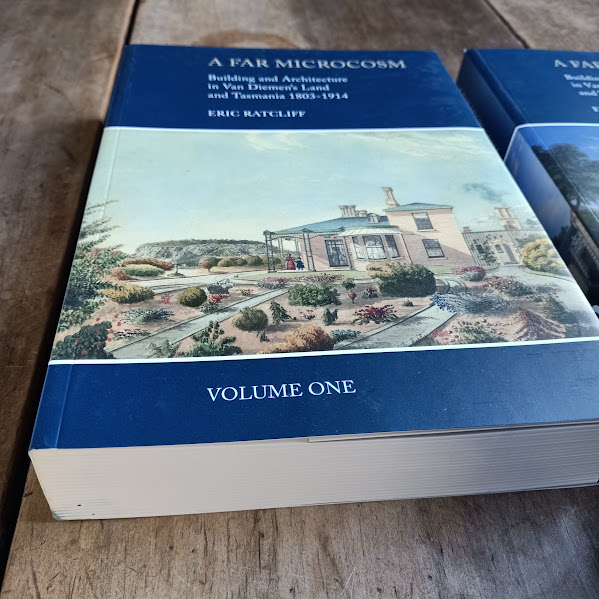 Small marks on bottom of volume one Far Microcosm set of Tasmanian architectural history