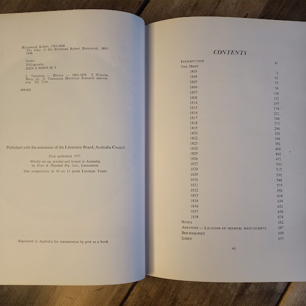 Contents page presentation copy Diary of Rev Robert Knopwood