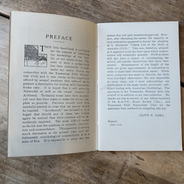 A Descriptive List of the Birds of Tasmania 1917 Clive Lord preface