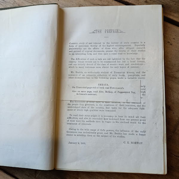 Glimpses of the Lives and Times of the Early Tasmanian Governors errata slip