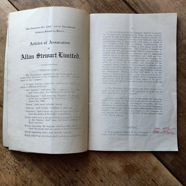 Memorandum and Articles of Association of Allan Stewart Limited notations