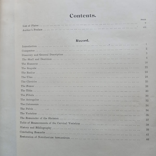A Monograph of Nototherium Tasmanicum contents page